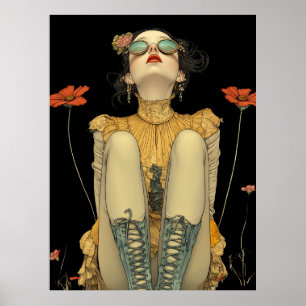 FD2 Retro Whimsical Girl Art 26 Vintage Floral  Poster