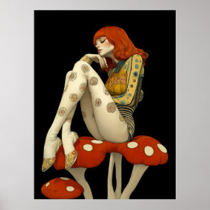 FD2 Retro Whimsical Girl Art 32 Vintage Floral  Poster