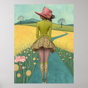 FD2 Retro Whimsical Girl Art Vintage  12 Floral  Poster