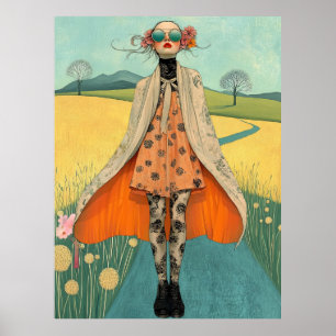 FD2 Retro Whimsical Girl Art Vintage Floral 16 Poster