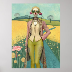 FD2 Retro Whimsical Girl Art Vintage Floral 20 Poster