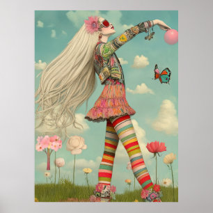 FD2 Retro Whimsical Girl Art Vintage Floral 28 Poster