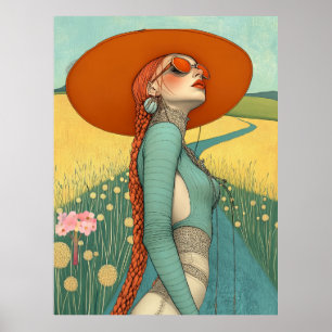 FD2 Retro Whimsical Girl Art Vintage Floral 33  Poster