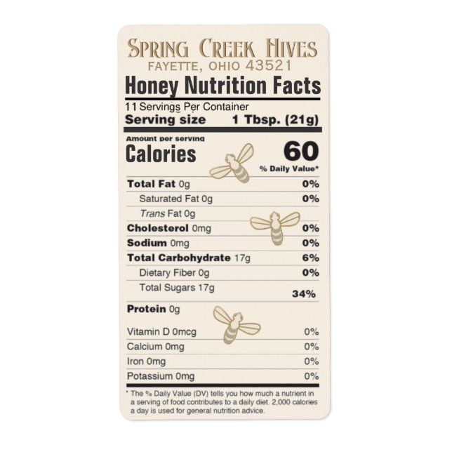 FDA Compliant Nutrition Fact Honey Label with Bees (Front)