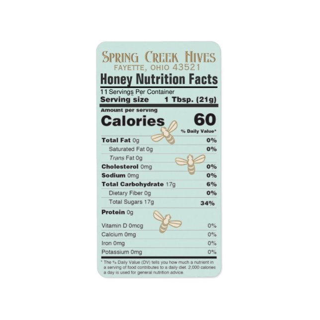 FDA Compliant Nutrition Fact Honey Label with Bees (Front)