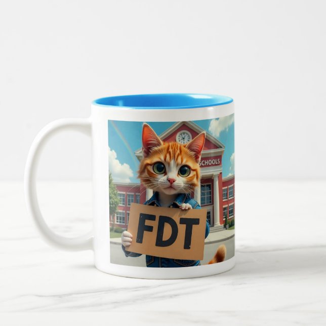 FDT Cat with School for teachers Two-Tone Coffee Mug (Left)