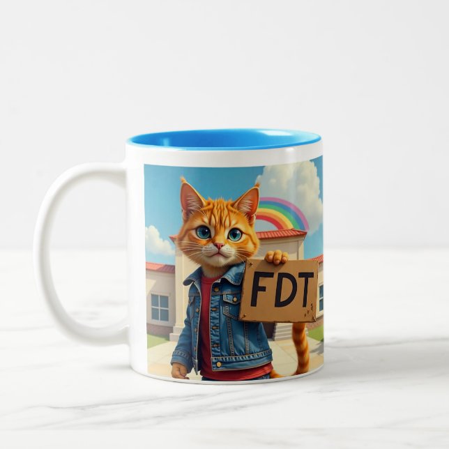 FDT Cat with Sign Rainbow  Two-Tone Coffee Mug (Left)