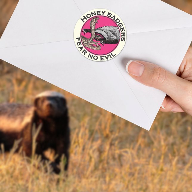 Fear No Evil Pink Honey Badger Badass Animal Art Classic Round Sticker (Honey badgers fear no evil quote sticker)