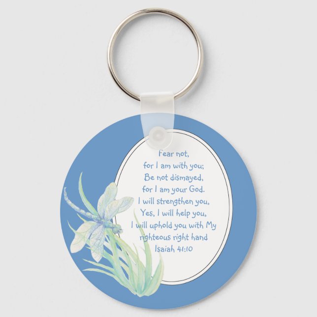 Fear Not, Isaiah Scripture Dragonfly Blue, Green Key Ring (Front)