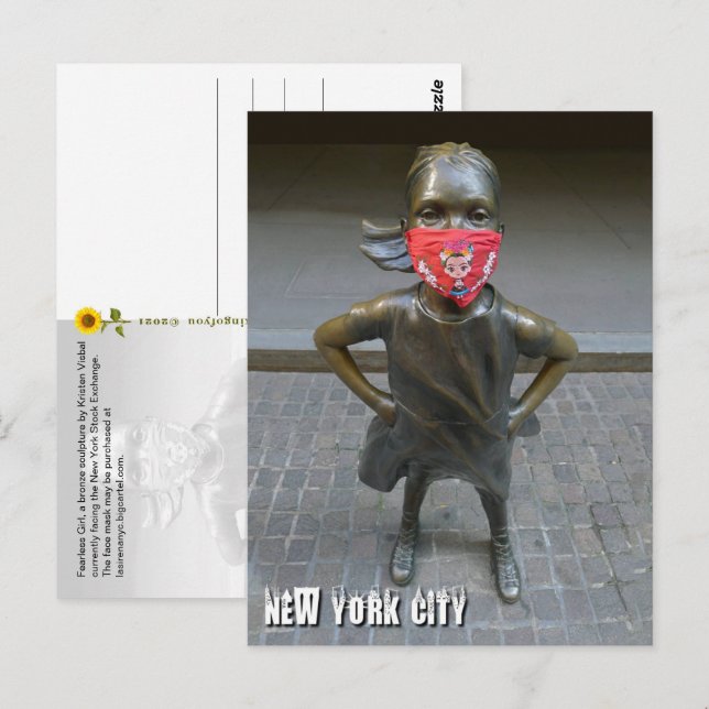 Fearless Girl w/embroidered mask, NYC - V postcard (Front/Back)