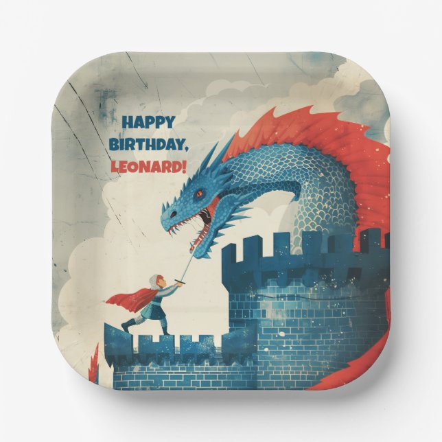 Fearless Knight and Dragon Paper Plate (Front)