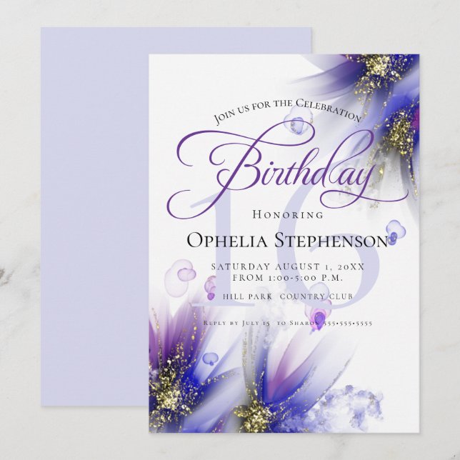 Fearless Navy Purple Abstract Floral Birthday Invitation (Front/Back)