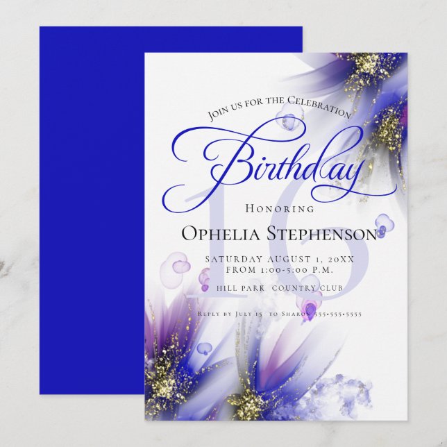 Fearless Navy Purple Abstract Floral Birthday  Invitation (Front/Back)