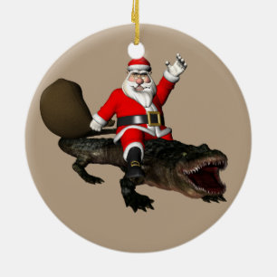 Fearless Santa Claus Riding An Alligator Ceramic Tree Decoration