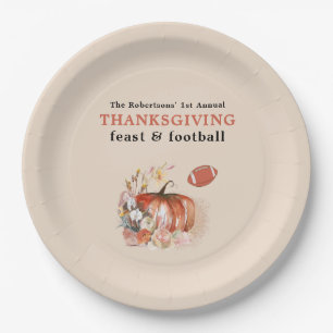 Feast and Football Thanksgiving Dinner Light Peach Paper Plate