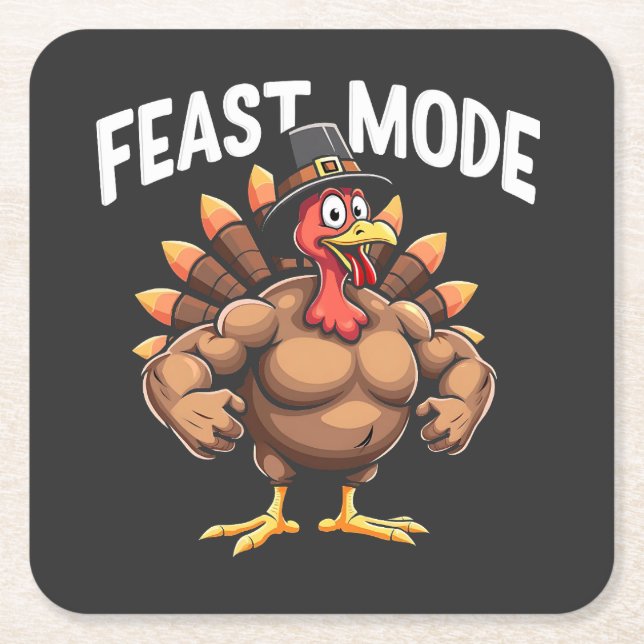 Feast mode Funny Thanksgiving Turkey Fitness Meal Square Paper Coaster (Front)