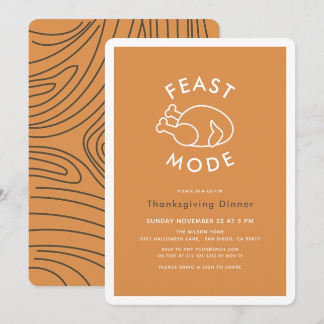 Feast Mode Turkey Orange Thanksgiving Dinner Invitation (Front/Back)