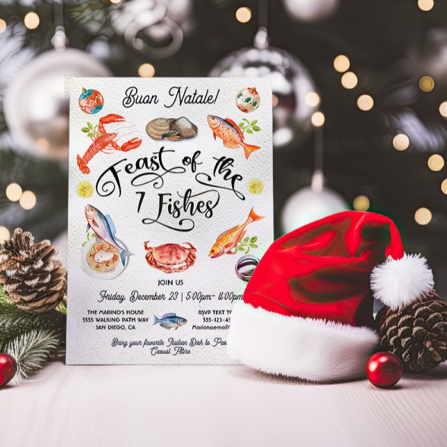 Feast of the 7 Fishes Christmas Party Watercolor Invitation (Creator Uploaded)