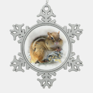 Feasting Chipmunk Snowflake Pewter Christmas Ornament