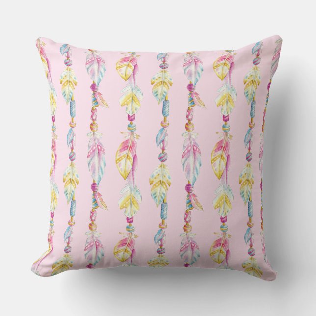 Feather bead watercolor boho patterned pillow (Front)