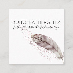 Feather Boho Glitter Simple Elegant Square Business Card