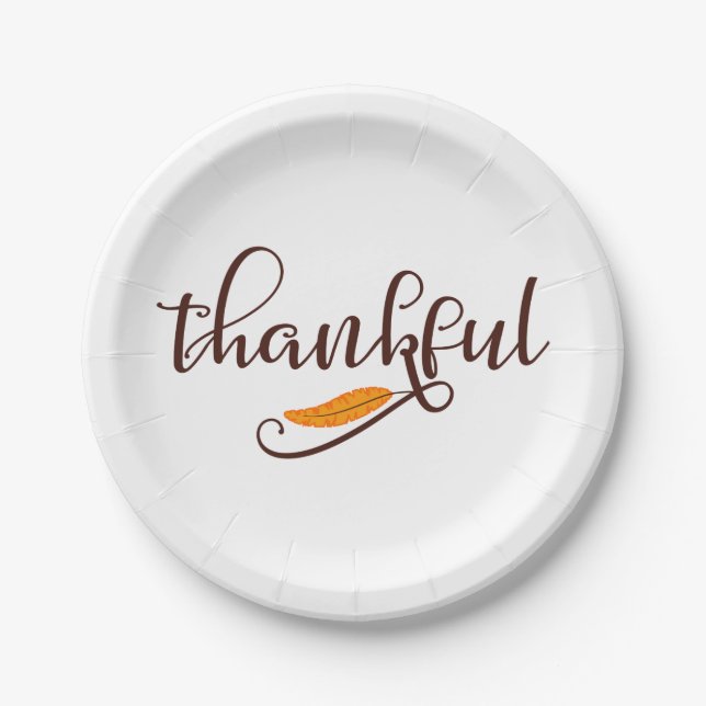 Feather Boho Native Thankful Typography Paper Plate (Front)