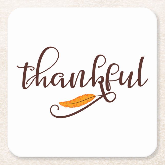 Feather Boho Native Thankful Typography Square Paper Coaster (Front)