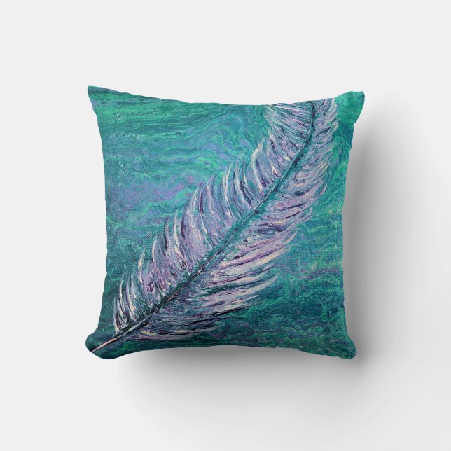 Feather Boho Teal and Purple Throw Pillow (Front)