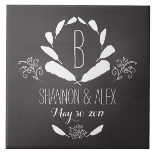 Feather Chalkboard Monogram Wedding Date Tile