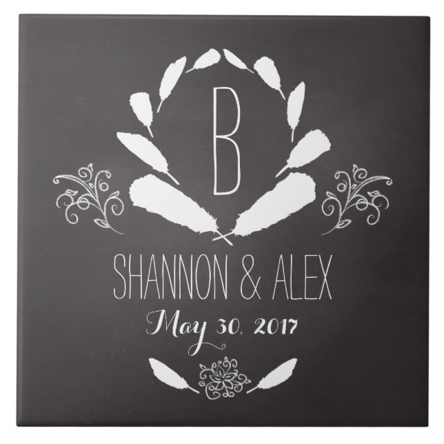 Feather Chalkboard Monogram Wedding Date Tile (Front)