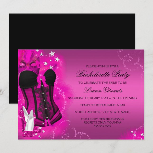 Feather Corset Pink Bachelorette Party Invite (Front/Back)