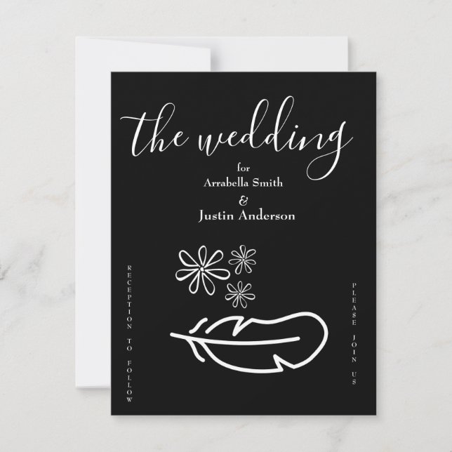 Feather Floral Black and White Wedding Invitation (Front)