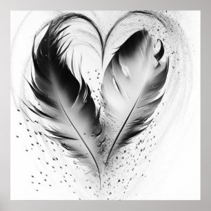 Feather Heart - Black & White Poster