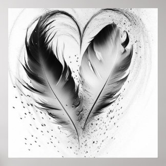 Feather Heart - Black & White Poster