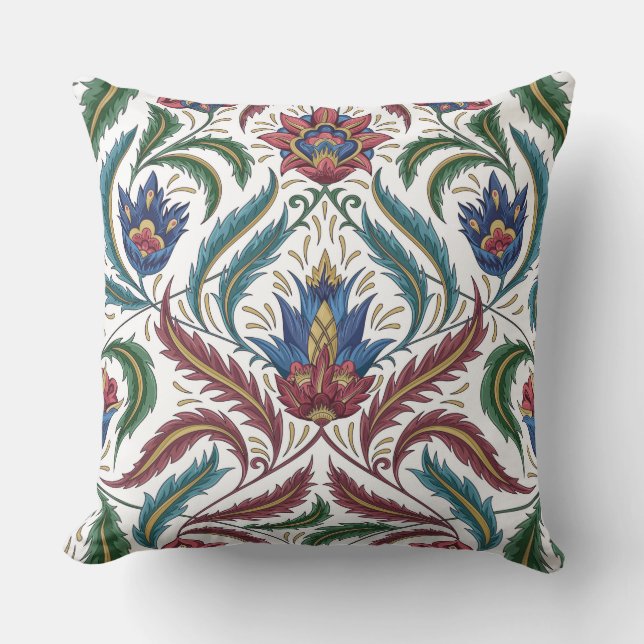 Feather Leaves Floral Faux Tapestry Red Blue Green Cushion (Front)