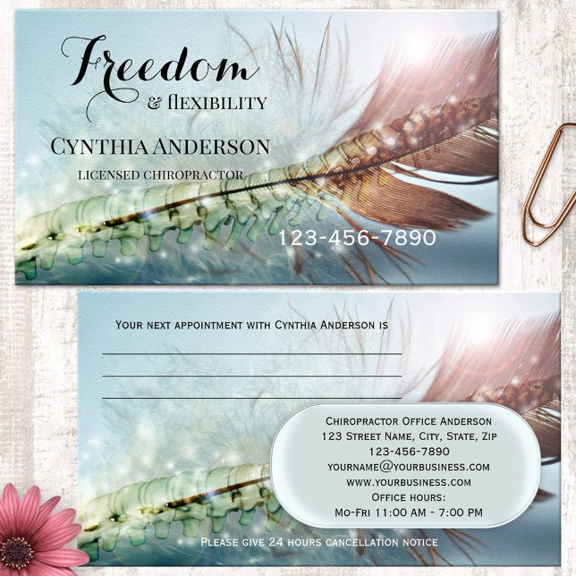 Feather Light Chiropractor Appointment Card (Artistic chiropractor appointment business card featuring a feather design with a spine image)