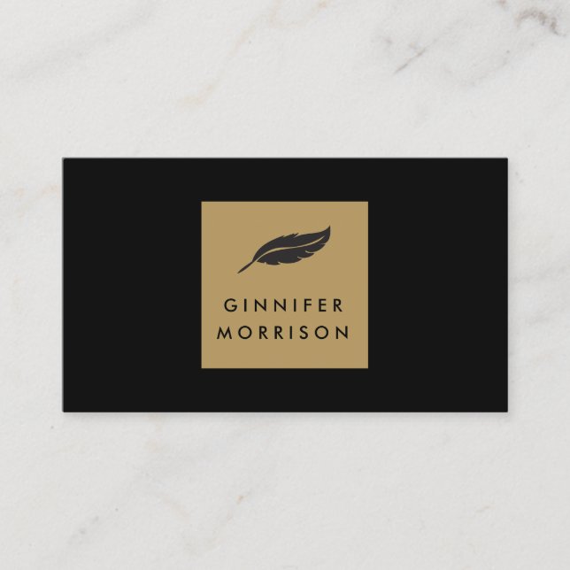 Feather Logo on Black/Gold for Writers and Authors Business Card (Front)