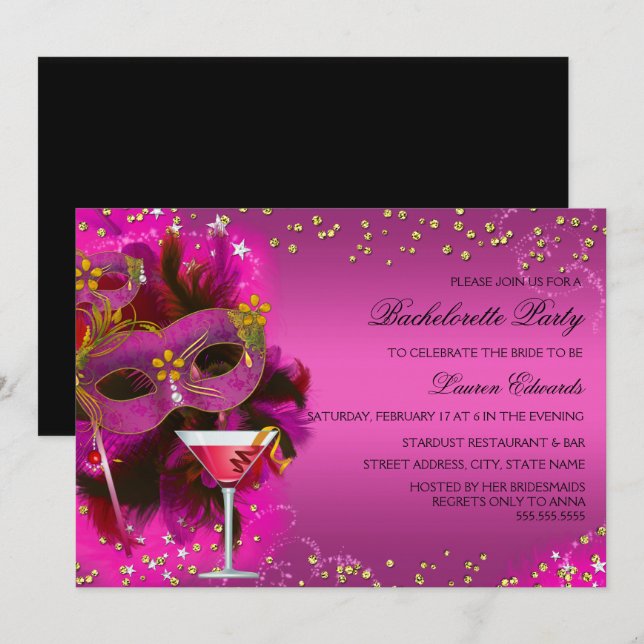Feather Mask Masquerade Bachelorette Party Invite (Front/Back)