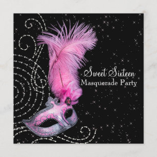 Feather Mask Pink Black Sweet 16 Masquerade Party Invitation