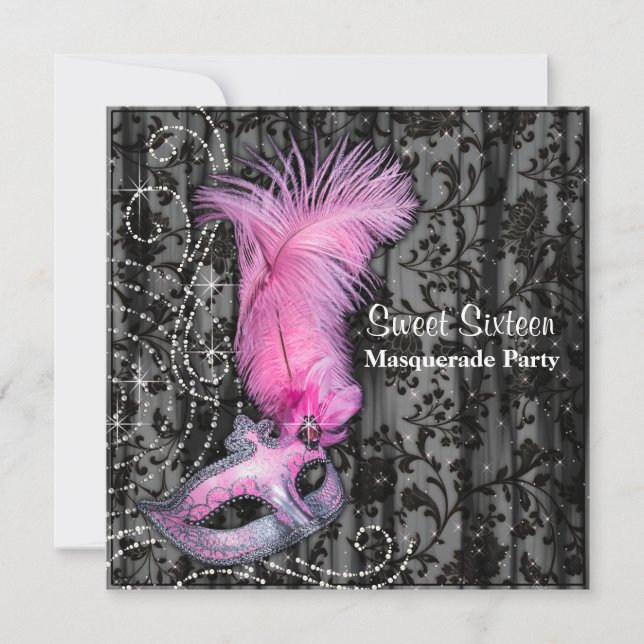 Feather Mask Pink Black Sweet 16 Masquerade Party Invitation (Front)