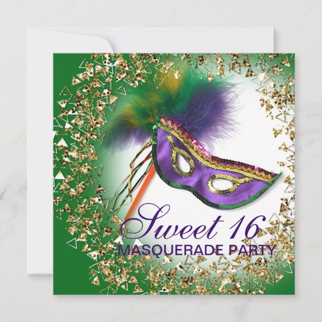 Feather Mask Purple Sweet 16 Masquerade Party Invitation (Front)