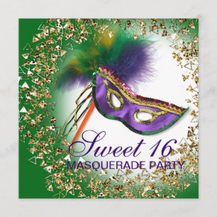 Feather Mask Purple Sweet 16 Masquerade Party Invitation