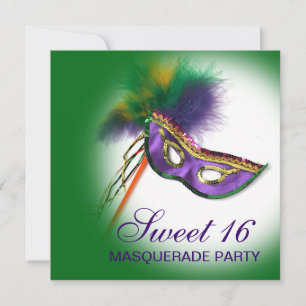 Feather Mask Purple Sweet 16 Masquerade Party Invitation
