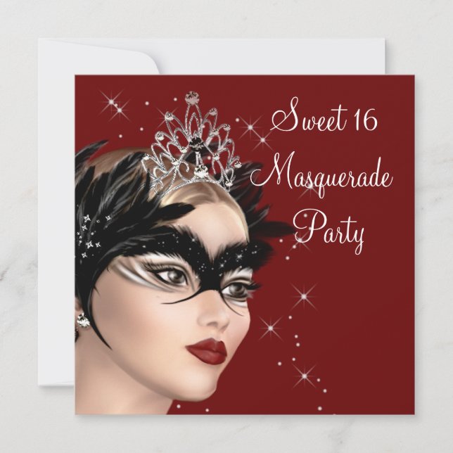 Feather Mask Tiara Sweet 16 Masquerade Party Invitation (Front)