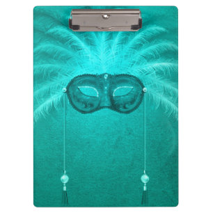 Feather masquerade mask elegant vintage teal clipboard