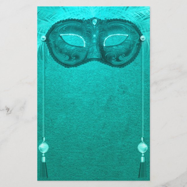 Feather masquerade mask elegant vintage teal stationery (Front)