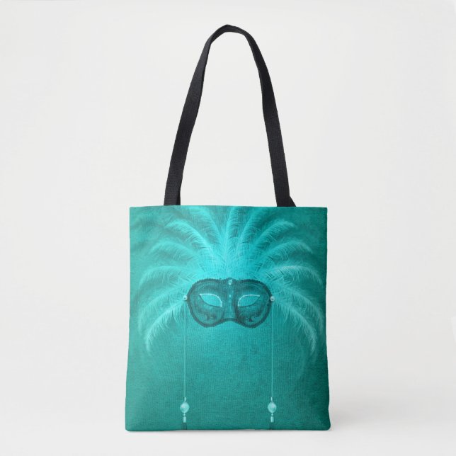 Feather masquerade mask elegant vintage teal tote bag (Front)