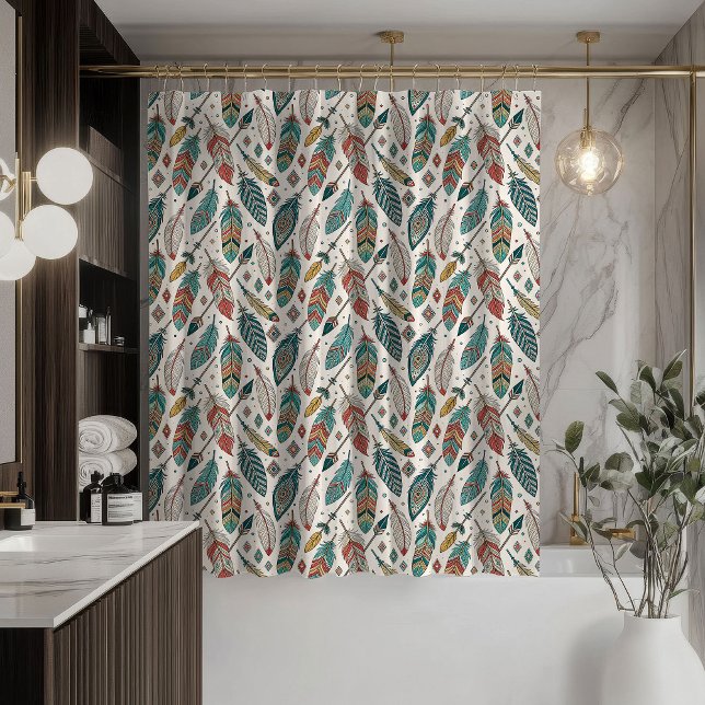 Feather Pattern Curtain Tribal Ethnic Bath Style (Feather Pattern Curtain Tribal Ethnic Bath Style)