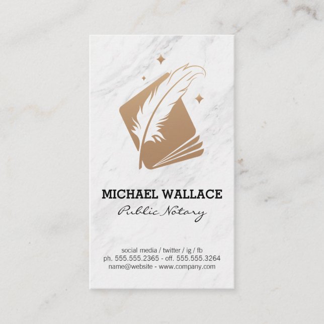 Feather Pen and Booklet | Marble Business Card (Front)