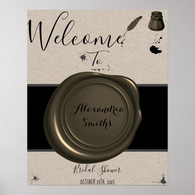 Feather Pen & Inkwell Welcome Bridal Shower Sign (Front)